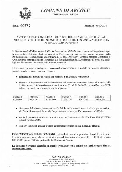 AVVISO PUBBLICO RIVOLTO AL SOSTEGNO DELLA FAMIGLIE RESIDENTI AD ARCOLE CON FIGLI FREQUENTANTI UNA SCUOLA DELL'INFANZIA ACCRED AVVISO PUBBLICO RIVOLTO AL SOSTEGNO DELLA FAMIGLIE RESIDENTI AD ARCOLE CON FIGLI FREQUENTANTI UNA SCUOLA DELL'INFANZIA ACCRED